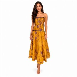 ✨🆕✨JUNGLEE BILLEE Strapless Mustard Yellow and Purple Patterned Dress Sz Free Sz